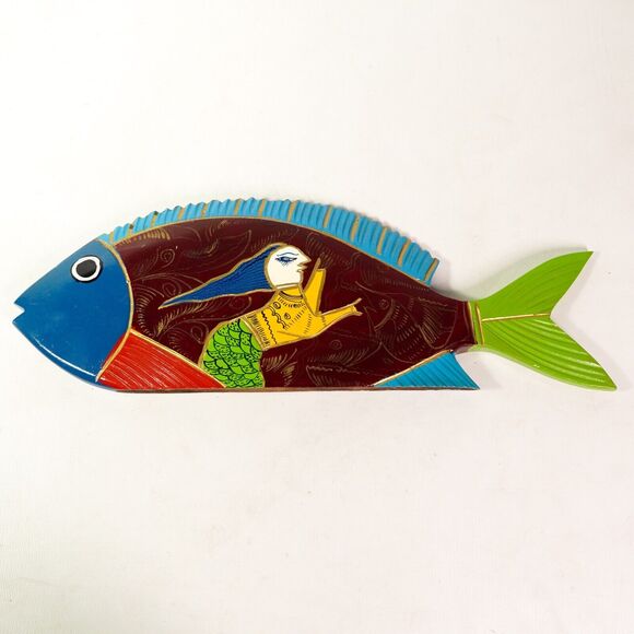 Painted Fish Wooden Carving 16" Sculpture Statue Decor Wood Carved Art Artwork - Picture 1 of 8